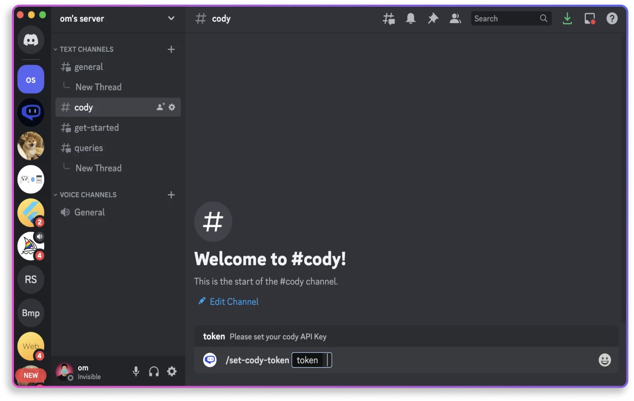 Cody AI assistant being connected to a Discord channel