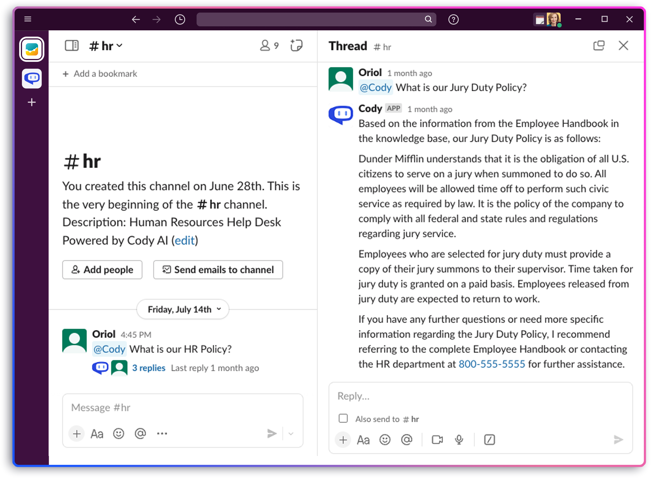 A team receiving an answer from Cody inside a Slack channel