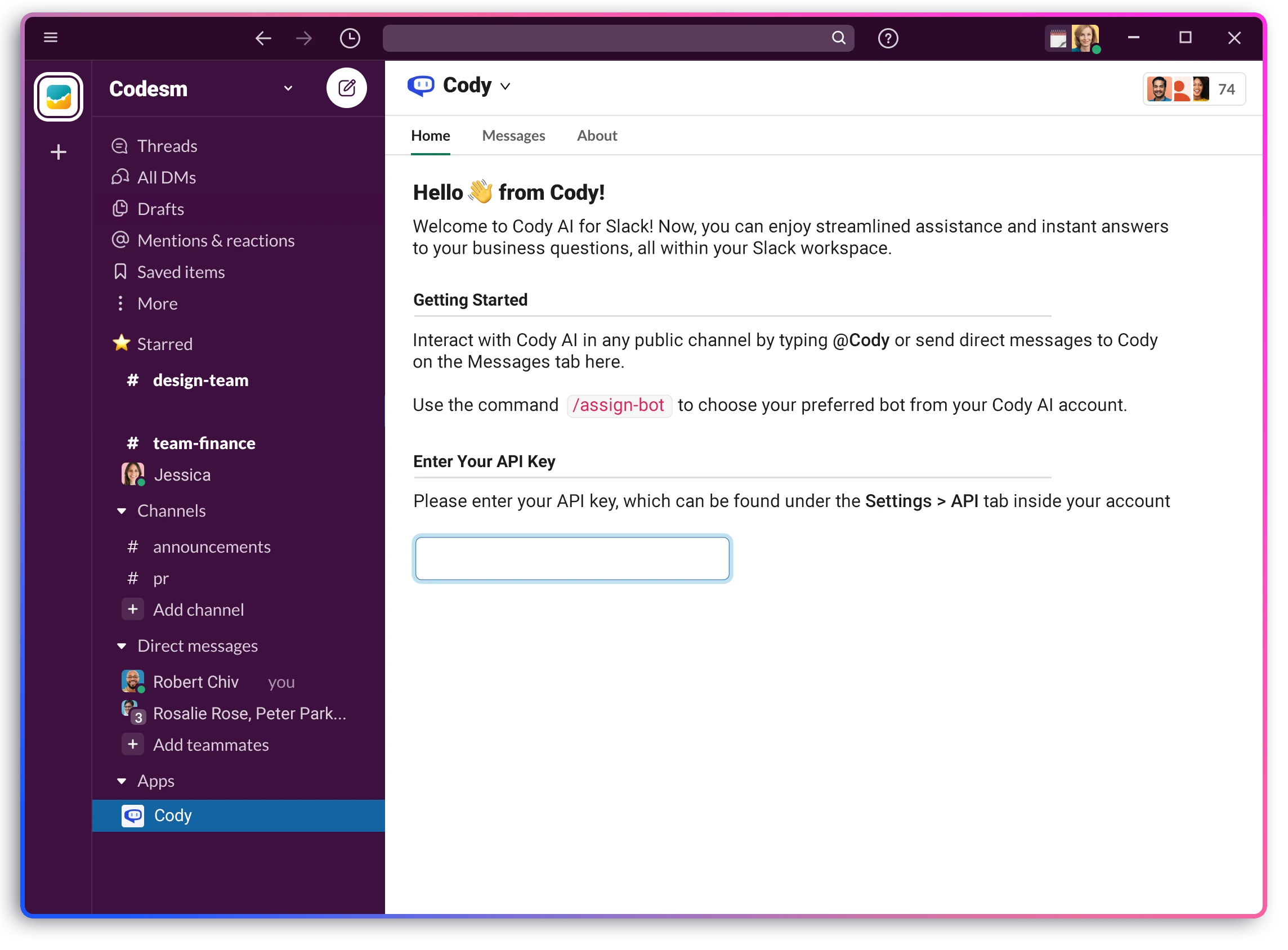Cody AI assistant setup inside a Slack workspace