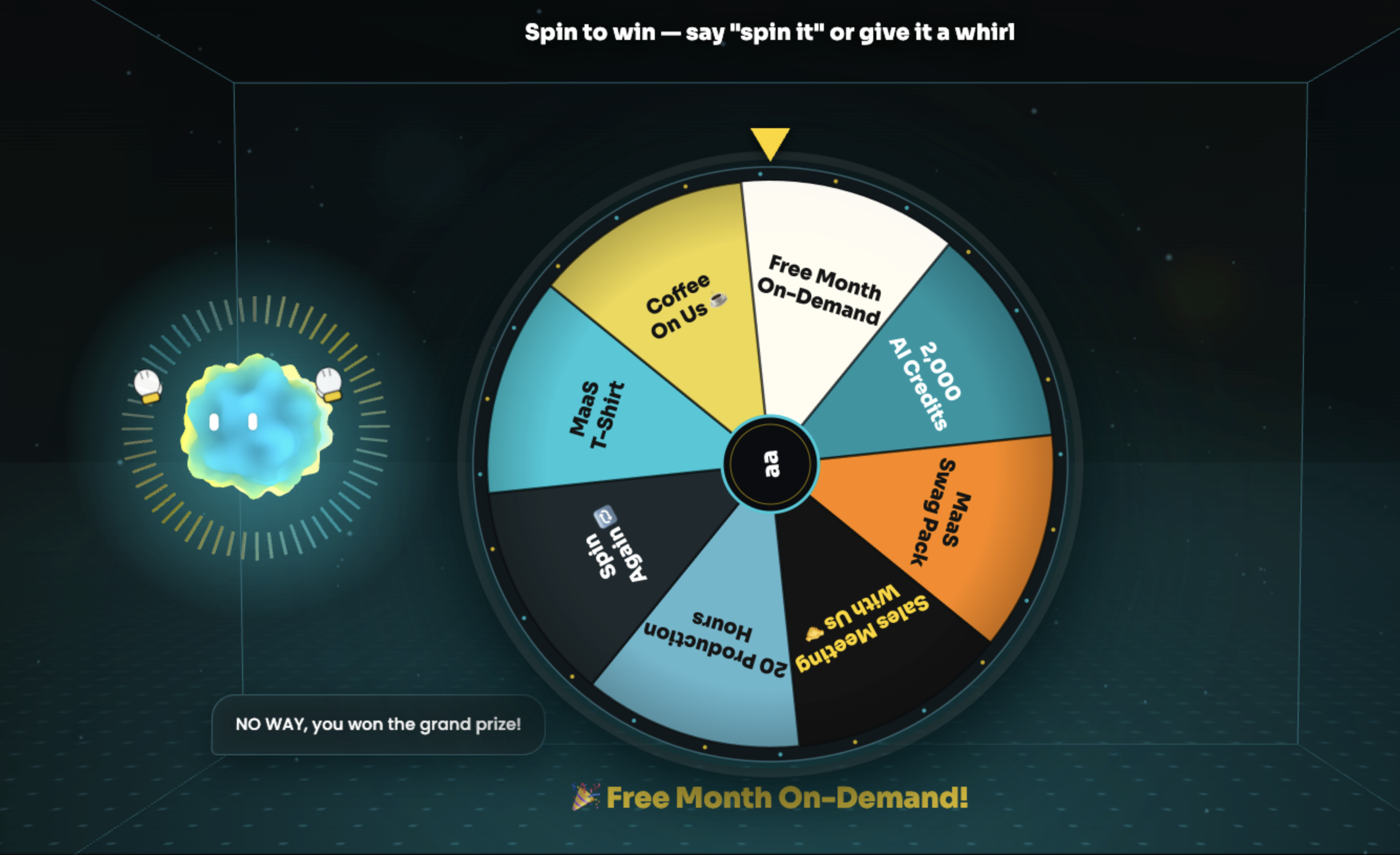 Cody Live assistant running a branded spin-to-win game