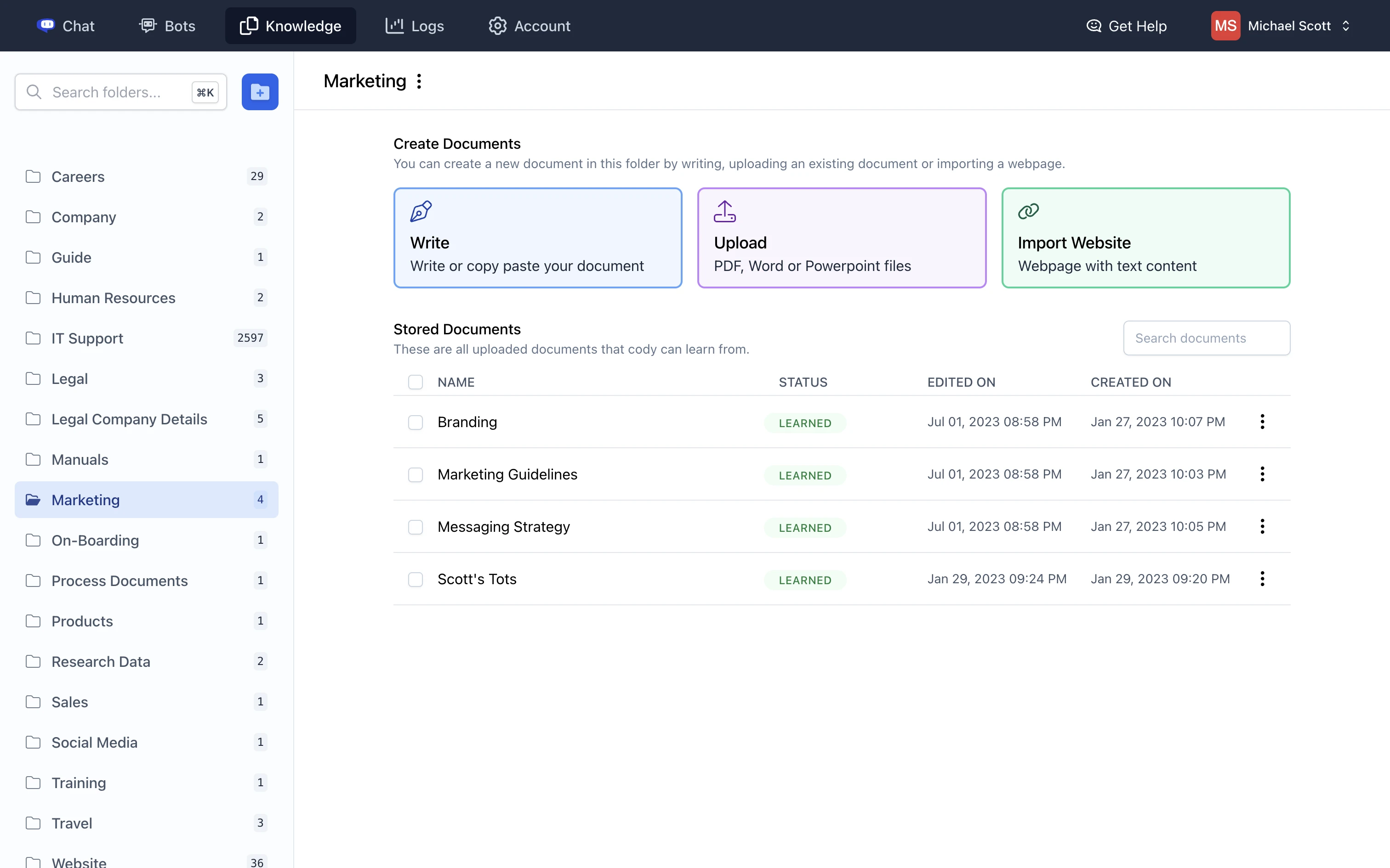 Cody knowledge base with options to write, upload documents, or import a website