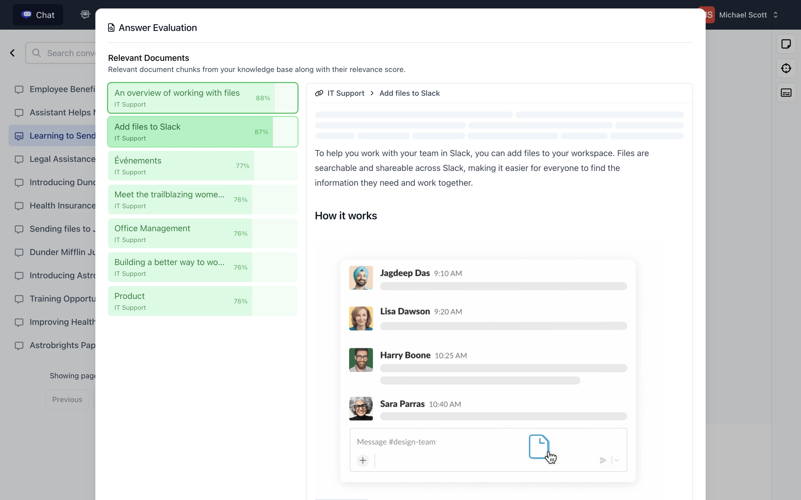Cody answer evaluation showing the business sources used for a response