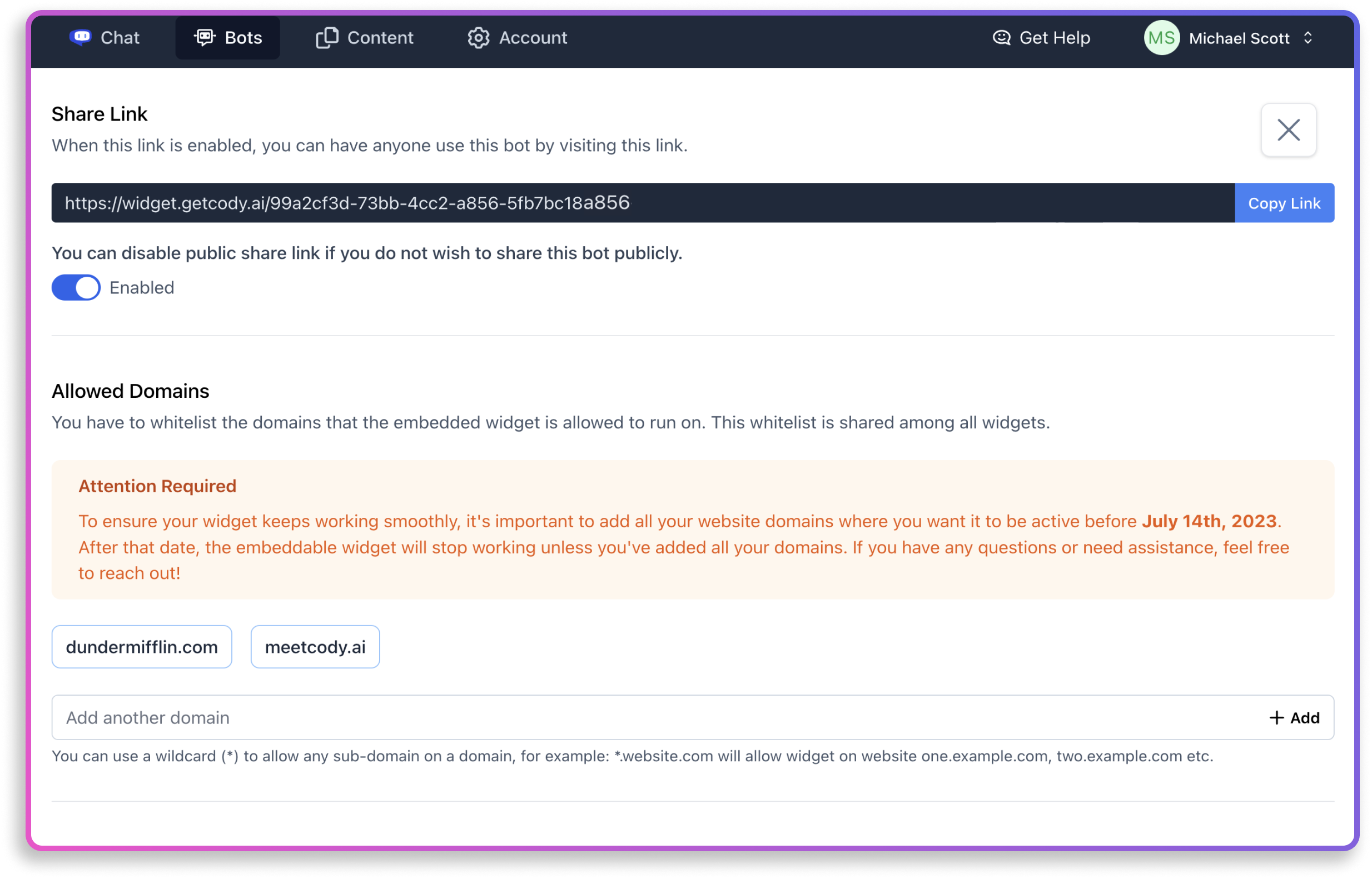 Cody assistant share link and allowed domains interface