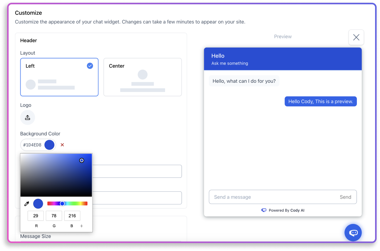 Cody website widget customization interface